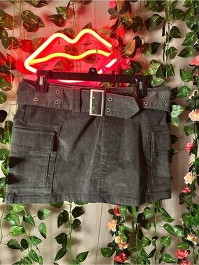 Women’s Corduroy Cargo Mini Skirt with Belt - Charcoal